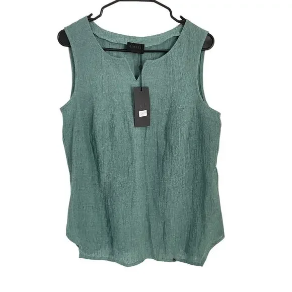 Q Neel Linen Blend Tunic Top EU 38 US 8 Sage Green Minimalist Nordic Lagenlook - Picture 1 of 10